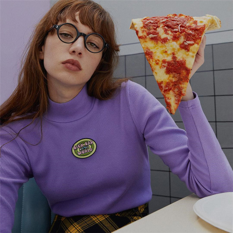 

2021 New Spring and autumn simple embroidered sleeve around the skinny neck short female shirt solid color VLK3, Purple