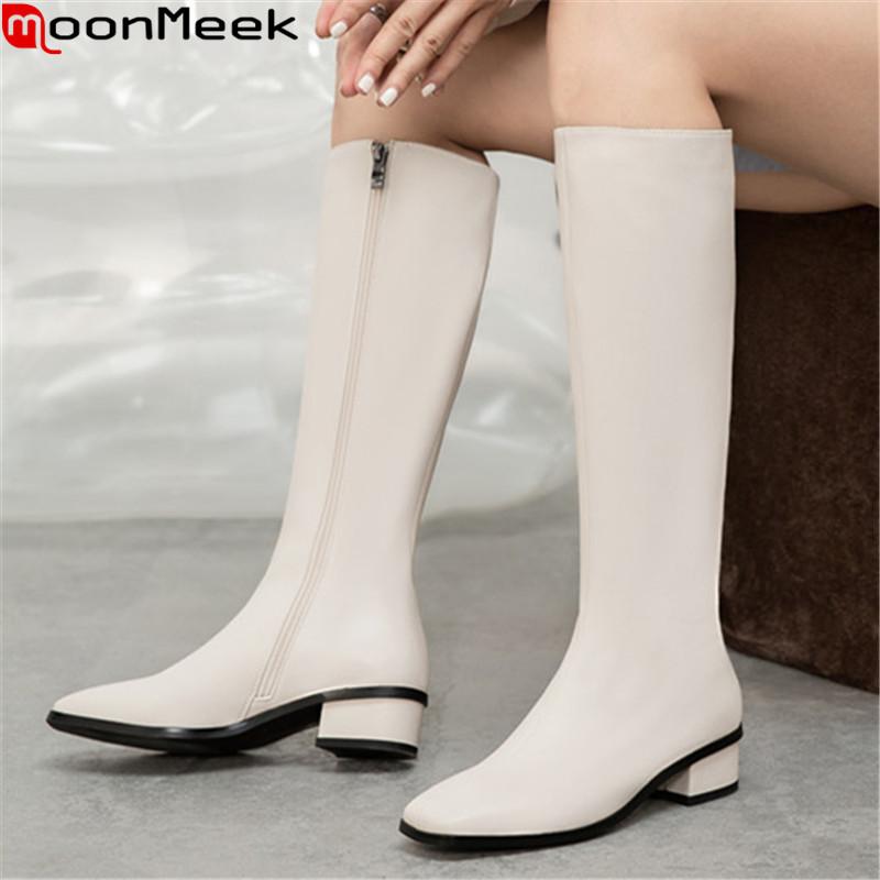 

MoonMeek 2020 Big size 34-42 fashion knee high boots med heels square toe ladies shoes winter black white color women boots