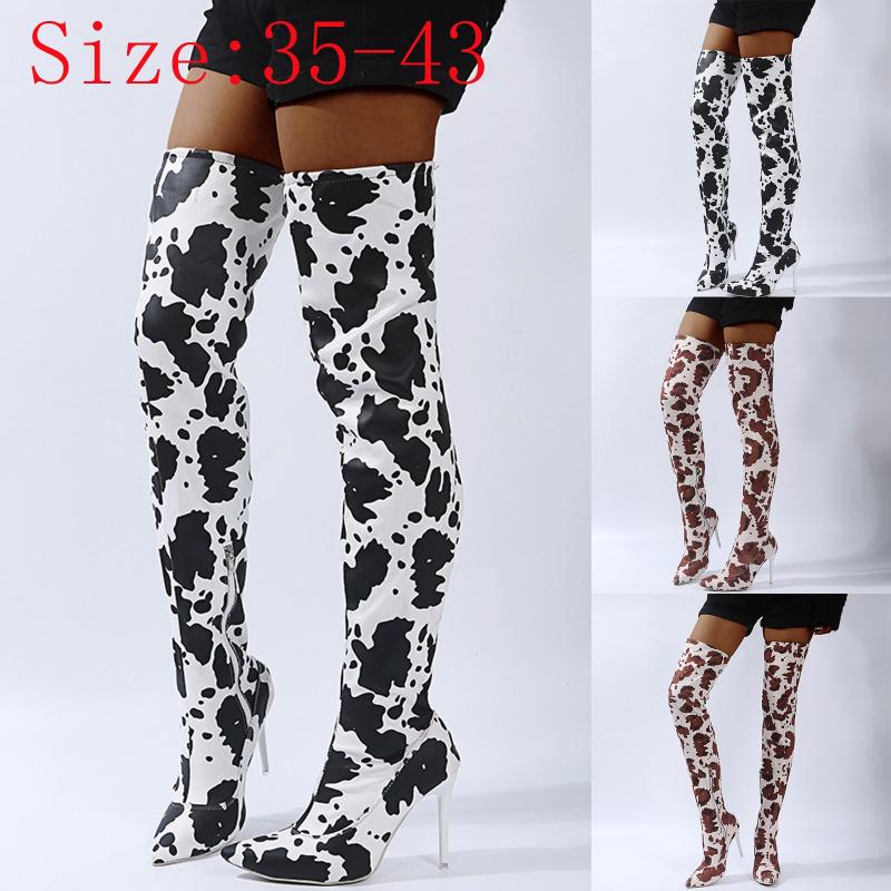 

Fashion Women Stretch Cow Pattern Suede Thin Heels Over The Knee High Tube Boots Pointed Toe Shoes Sexy Winter Botines Mujer#35, Black