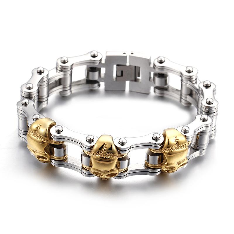 

Punk Male Bike Chain Bracelets Gold Black Stainless Steel Skeleton Skull Charms Link Wide Biker Chain Bracelets Jewelry For Men