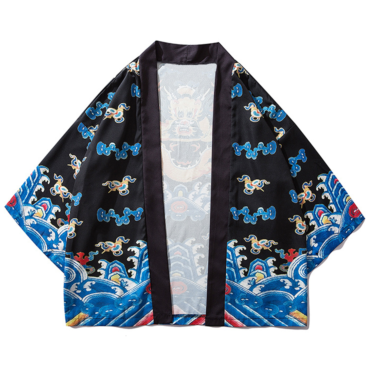

2021 New Aelfric Eden Japanese Kimono Jacket Men Ancient Drago Print Harajuku Loose Shirts Hip Hop Japan Streetwear Front Open Coats 9jya, Black