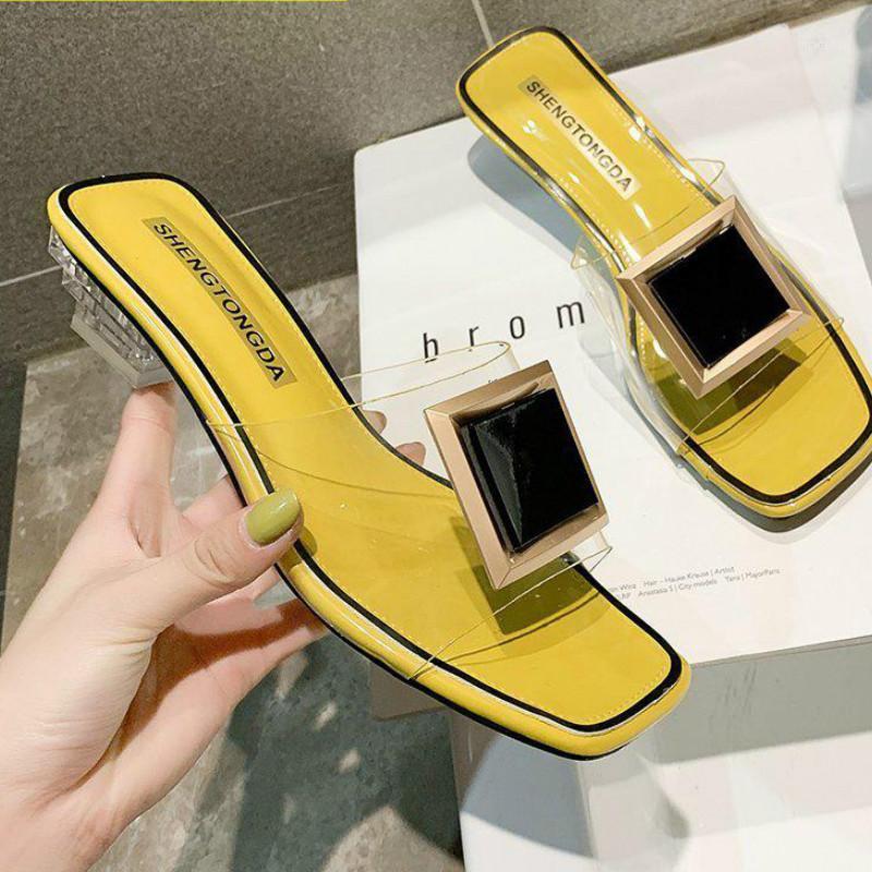 

Fashion Square Buckle High Heels New Summer Shoes Woman Metal Transparent Square Mid Heel Mules Shoes Female Open Slippers Women1, Beige