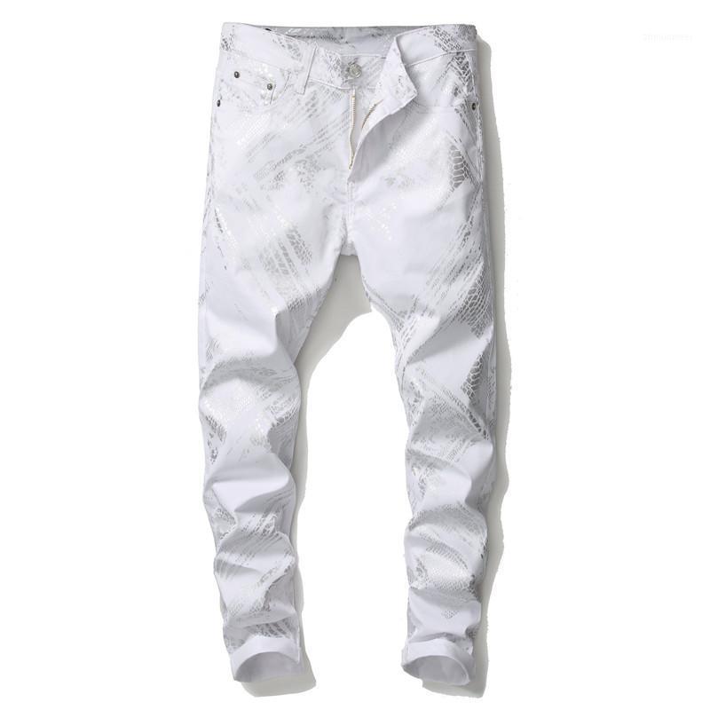 

Men's Male Silver Snake Skin Printed White Jeans Fashion Slim Fit Stretch Denim Pants Trousers