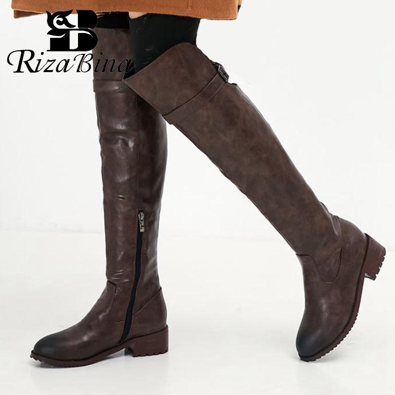 

RIZABINA Women Buckle Plus Size 34-43 Straight Boots Fashion Retro Daily Office Sexy Long Boots Over The Knee Footwear, Black