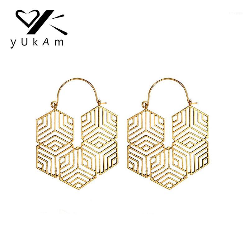 

Hoop & Huggie YUKAM Jewelry Silver Color Gold Antique Tribal Hollow Rhombus Earrings Creole For Women Geometric Openwork Loops Earrings1