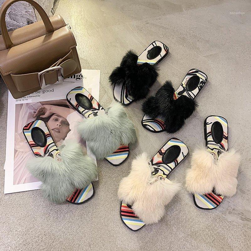 

Winter Designer Plush Dress Shoes Woman Mules 2020 Brand Fur Slippers Women Shoes Strap Sandals Low Heel Slides Casual Flats1, Black