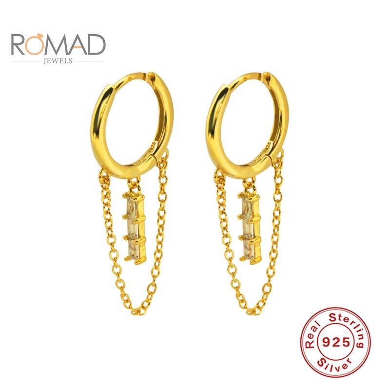

Hoop & Huggie ROMAD Simple Women Small Diamond Earrings S925 Sterling Silver Long Tassel Pendant Gold Jewelry Bijoux Femme