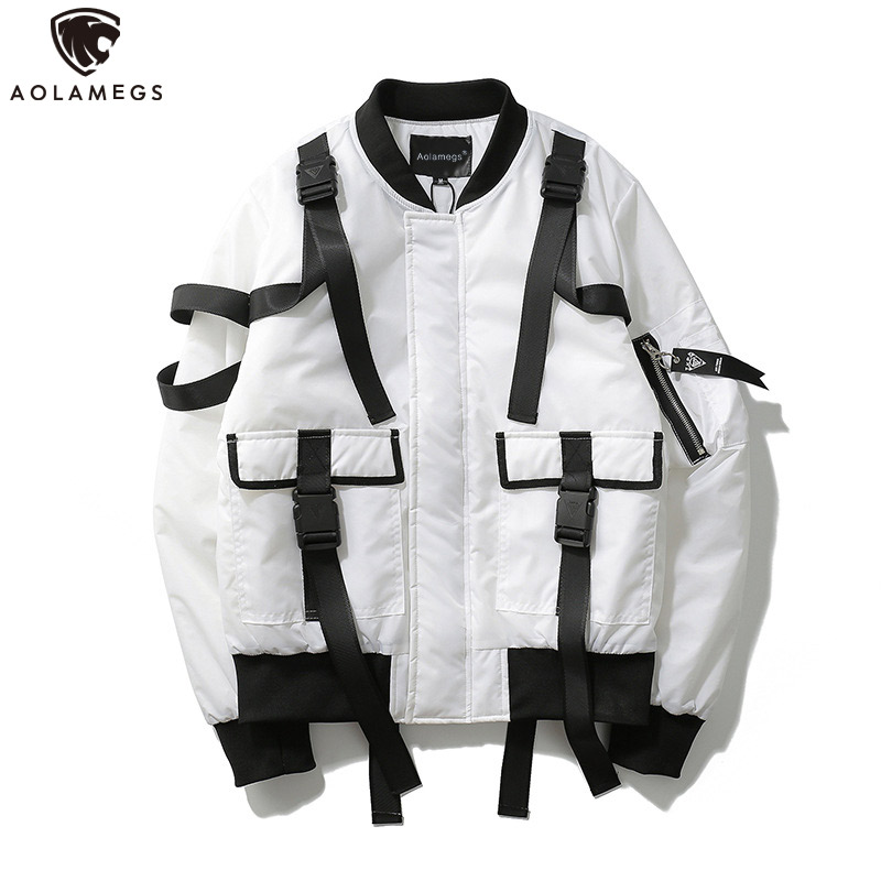 

Men Jacket Solid Ribbon Bomber Jacket Windbreaker Outwear Youth Pockets Style Loose Jackets Zipper Coat, Black