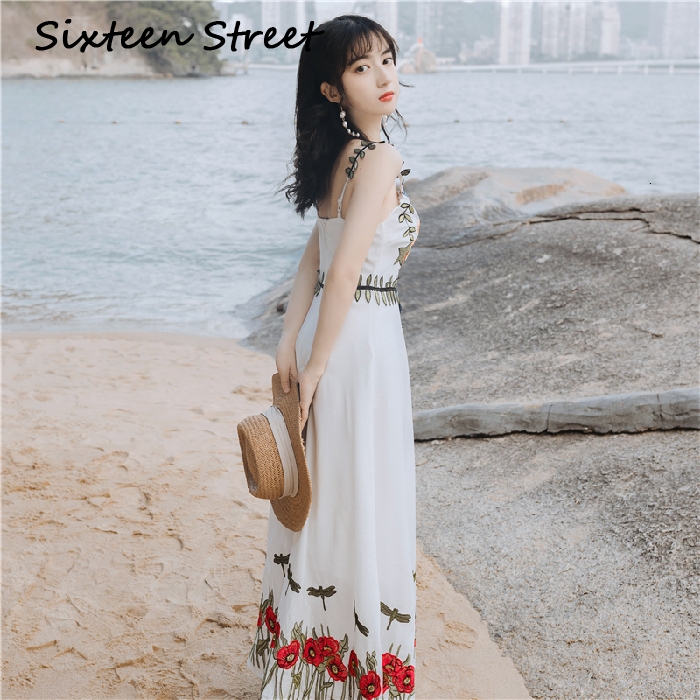

2021 Summer Chiffon Dressed As a Party at Night Sweet Floral Embroidery Without Sleeves White Long Dress Elegant Ladies N653, Blue