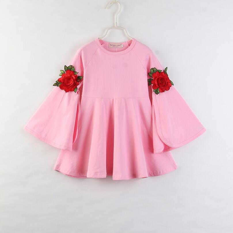 

Baby Girl pink Rose Flower Dress Spring Summer Long The horn sleeve Party Pageant Cute Princess Swing Tutu Dress Clothes