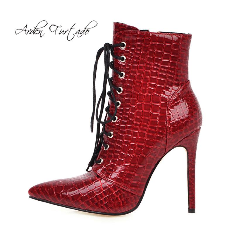 

Arden Furtado Fashion Women's Shoes Winter Pointed Toe Stilettos Heels cross tied burgundy red white ankle boots high heels 45, Black