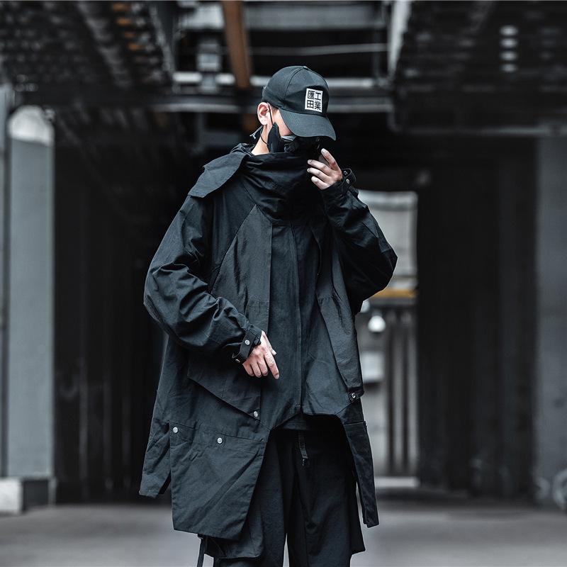 

Hooded Hit Block Color Patchwork Hip Hop Long Trench Jackets Coats For Men Overcoat Spring Autumn Casual Techwear Outerwear Full, Black trench