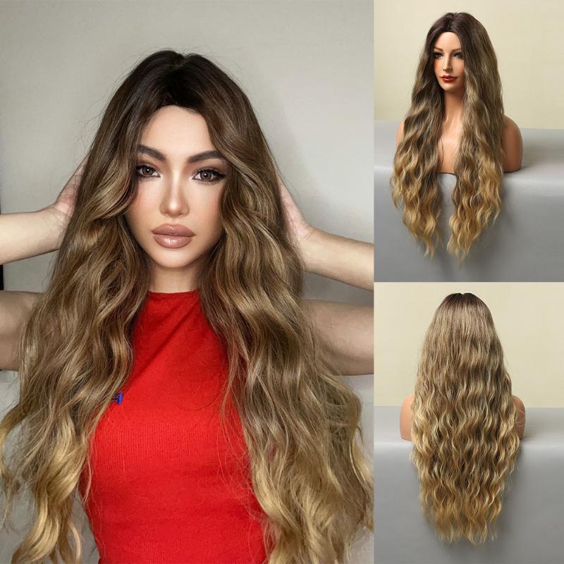 

150%Synthetic Wigs Long Wavy Brown Golden Water Wave Natural Hair for Women Daily Cosplay Party Heat Resistant Wig Hairs Natural Hairline, Ombre color