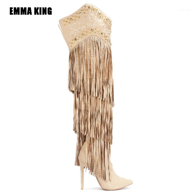 

Boots 2021 Winter High Heel Long Bohemian Fashion Over The Knee Lady Crystal Tassel Booties Hand Embroidery Women's Boots1, Black