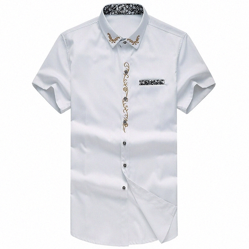 Men's Shirt Embroidery Solid Colored Plus Size Shirt Collar Daily Work Embroidered Short Sleeve Slim Tops White Black Wine / Summer k9UL#