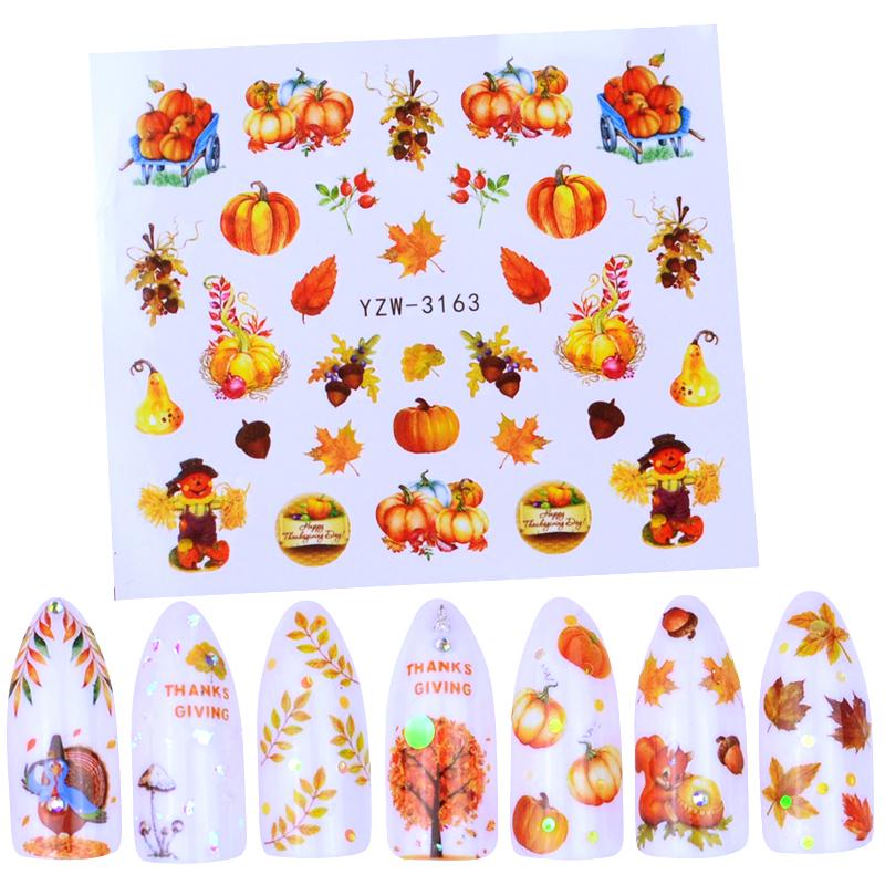 

1 Sheet Nail Stickers Pumpkin Water Decal Yellow Leaves Autumn Pattern Sticker Nail Art Decoration Watermark Tattoos, Yzw-3163