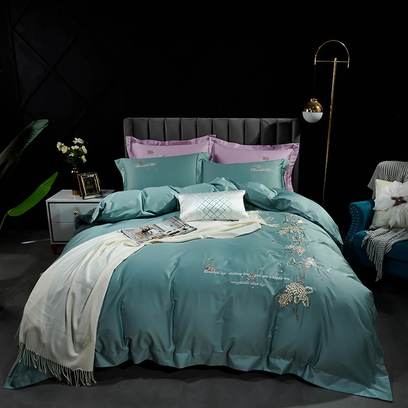 

100% Luxury Egyptian Cotton Bedding set King Queen size Brief Embroidery Super Soft Bed sheet sets Duvet cover fitted leaf