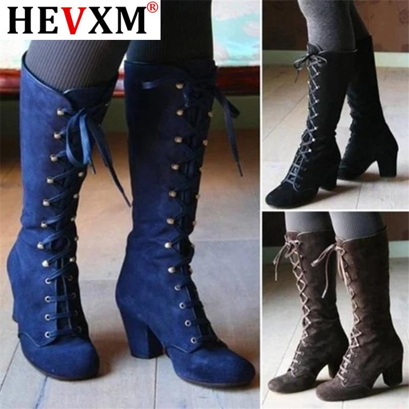

2020 Black boots women Shoes knee high Women Casual Vintage Retro Mid-Calf Boots Lace Up Thick Heels Shoes, Dark brown