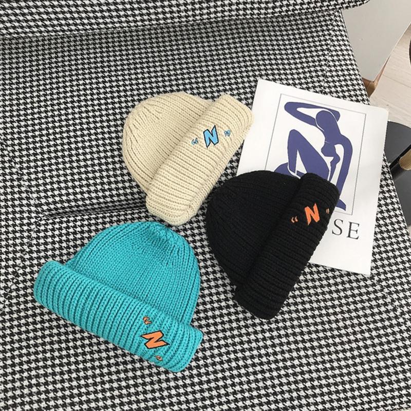 

Unisex Winter Knit Beanie Hat Candy Color Letter Embroidery Docker Skull Cap X5XA, Beige