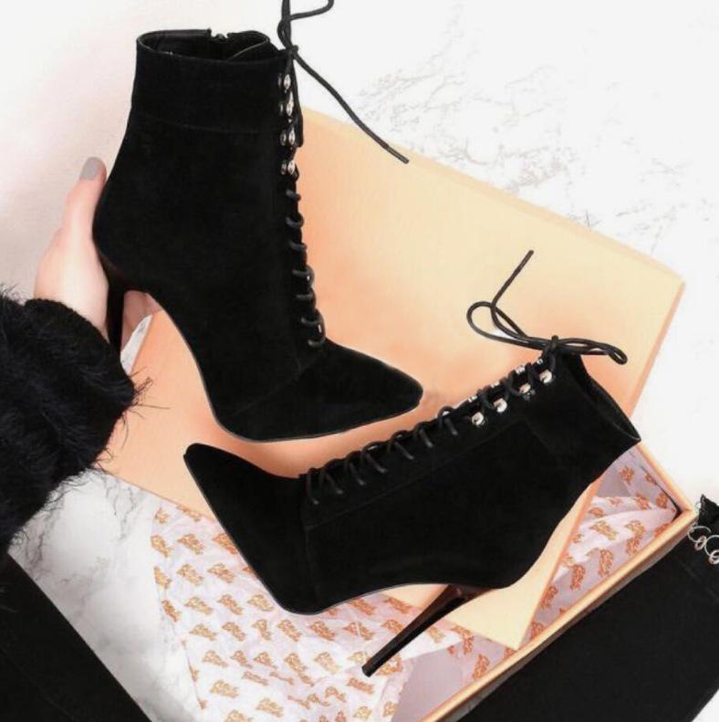 

Boots women autumn winter black high heels lace up shoes ladies sexy pointed toe stiletto mid calf boots zapatos de mujer, Black 12cm