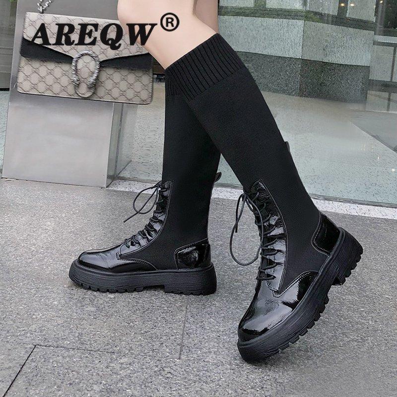

2020 Autumn Women Black Platform Long Boots Elastic Knitted Knee High Boots Female Fashion Cross Tied Patchwork Shoes
