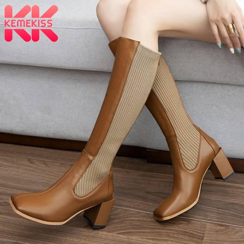 

KemeKiss Real Leather Women Knee Boots Warm Fashion High Heel Winter Shoe Woman Elastic Square Toe Long Boot Footwear Size 33-40, Black