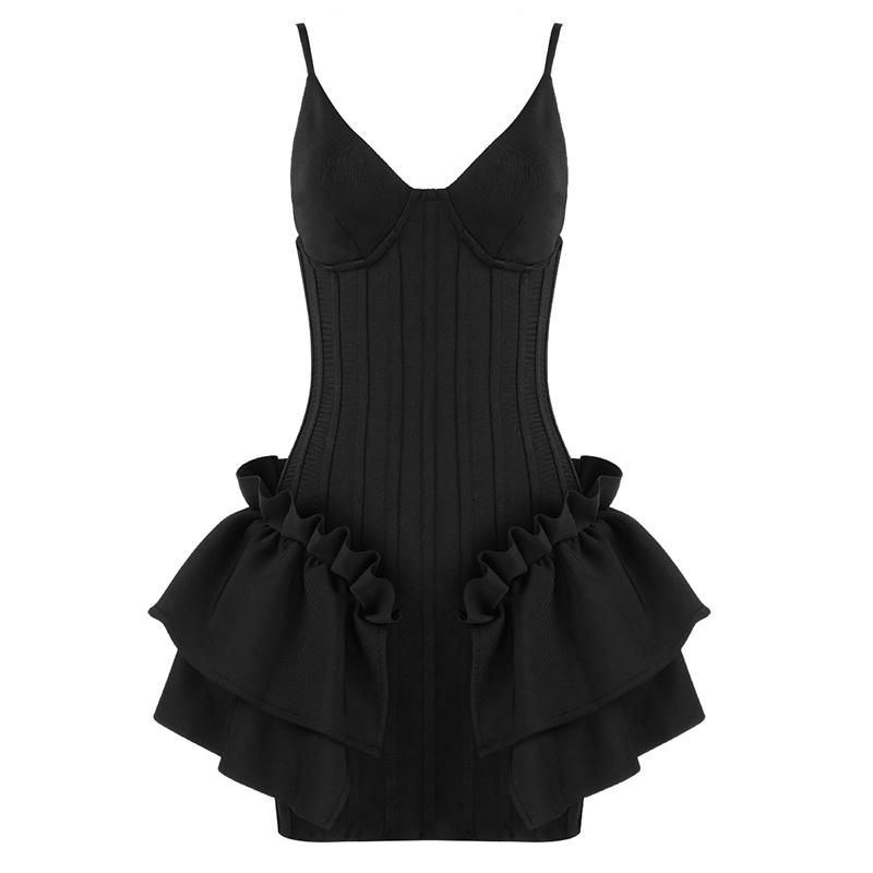 

Sexy Black White Summer Mini Dress Women 2020 New V Neck Sundresses Spaghetti Strap Sleeveless Ruffled Party Mini Party Dress