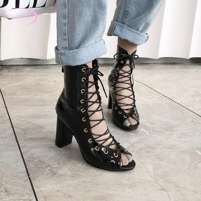 

European street style sexy peep toe summer boots women sandals fashion lace-up denim zipper high heels chunky women's shoes, Black