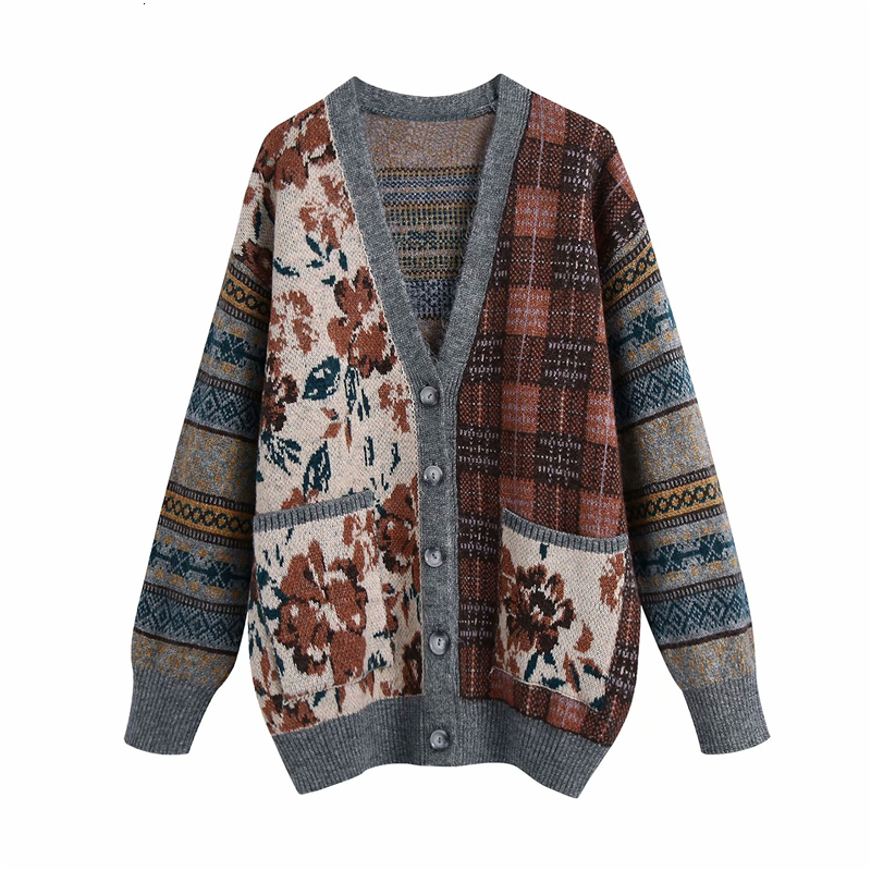 

New Vintage Women Patchwork Jacquard Sweater 2021 Fashion Ladies V-neck Knitted Coats Streetwear Female Chic Loose Cardigan A6ao, Gray