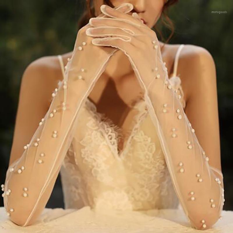

Bride Gloves Dress Accessories Long Gauze Artificial Pearl White Gloves 2020 UV-Proof Summer Women Fishnet Mitten Women1