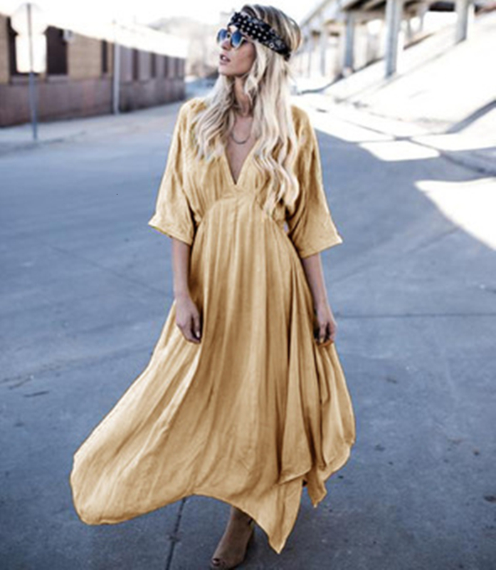 

2021 New Summer Simple Sexy V-neck Batwing Sleeve Boho Beach Women Robe Femme Casual Loose Maxi Es U5op, Blue