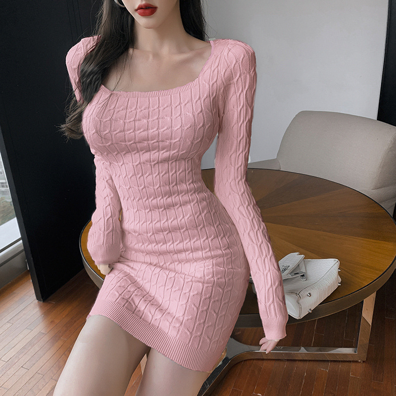 

Korean Women's Autumn and Winter New Fashion Square Neck Twist Carefully Machine Clavicle Knitted Dress Temperament Niche Buttocks, Black;gray