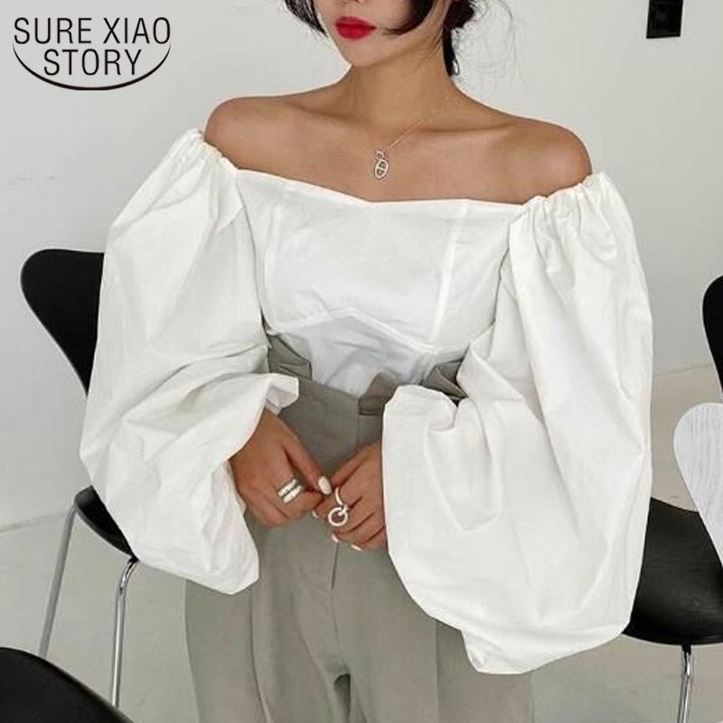 

Women's Blouses & Shirts 2022 Spring Loose Puff Sleeve Solid Shirt Slash-Neck Cotton Blouse Women Sexy Strapless Slim Tube Tops Chic Blusas, White