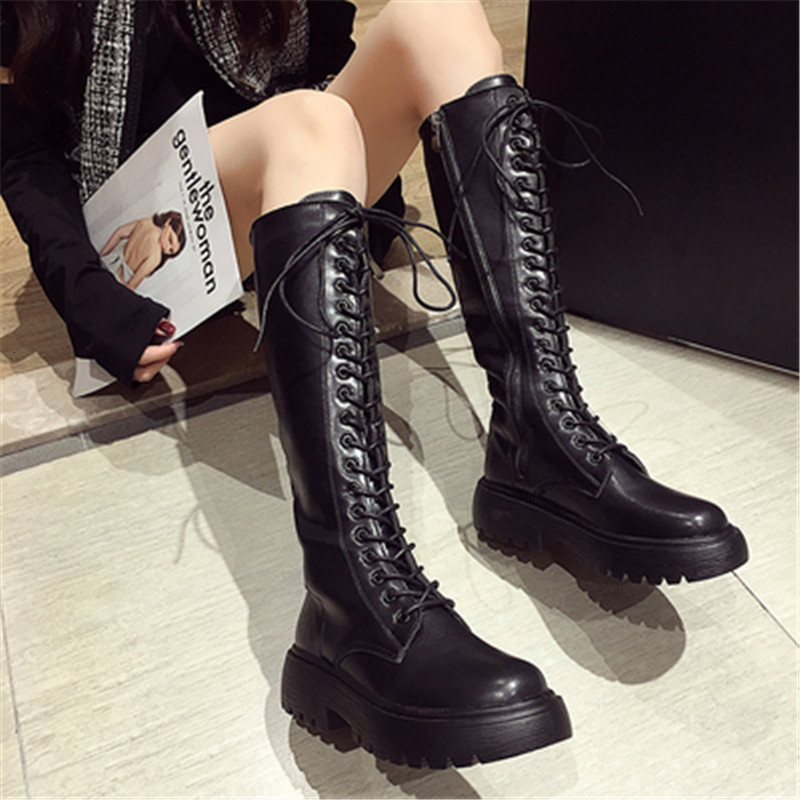 

Hot 2021 New Autumn Thick Knee Soles High-knee Elastic Women Lace Up High Tube British-style Leather Zip-long Boots LBJJ, Beige white single