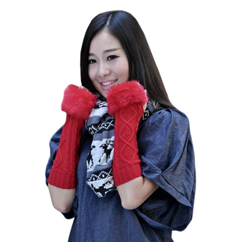 

Five Fingers Gloves Women Winter Mittens Warmer Knitted Long Fingerless Glove Real Fur Mufflers Wrist Arm Hand Thermal Thick