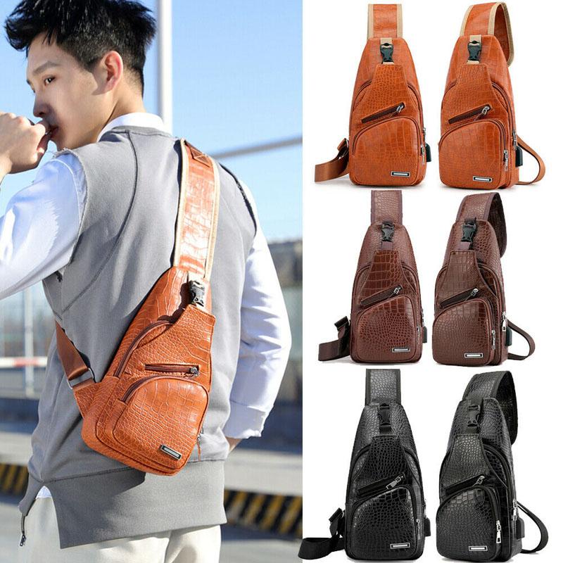 

US Men Shoulder Bag Sling Chest Pack Crocodile Leather USB Charge Sport Handbag, Black