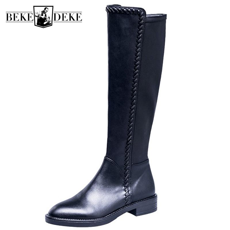 

2020 New Women Winter Knee High Knight Boots Low Heels Genuine Leather Riding Boots Fleece Lining Warm Casual Motorcycle Shoes, Suede fleece liner