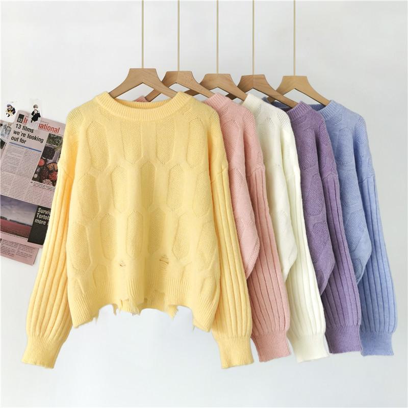 

Women's Sweaters AOSSVIAO 2022 Autumn Winter Women Hole Pullover O-Neck Long Loose Korean Jumpers Candy Color Warm Female Tops, White;black