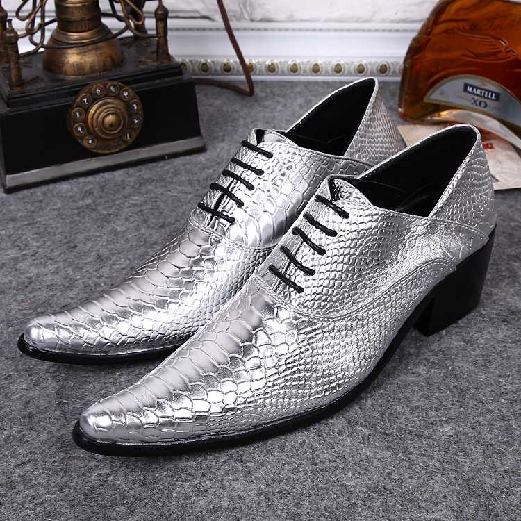 

Snake Skin Sliver Genuine Leather Mens Lace Up High Heels Formal Dress Shoes Pointed Toe Man Office Party Dress Wedding Shoes, As pic
