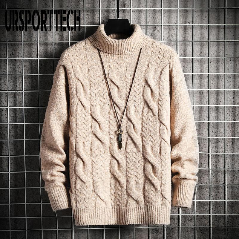 

URSPORTTECH Turtleneck Sweater Mens Wool Knit Pullover Sweater Male Oversized Turtle Neck Twisted Pattern Men Sweter Pull Jumper, Black