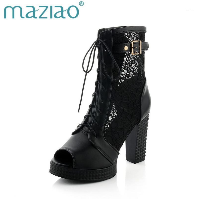 

MAZIAO Big Size 32-43 Square High Heels Women Patchwork Party Shoes Lace Upper Leisure Woman Summer Boots Peep Toe Platform1, Black