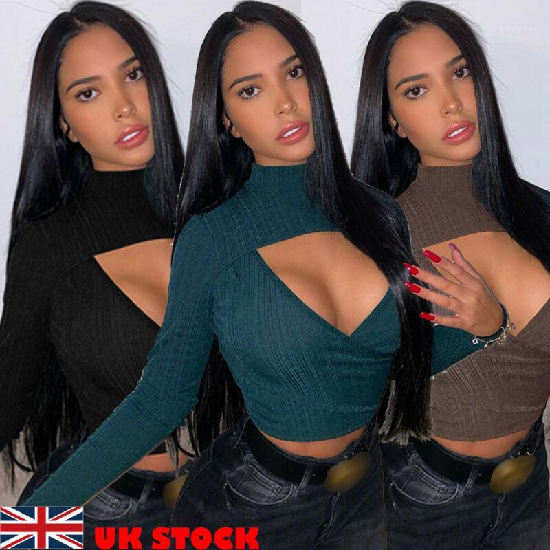 

UK Women Plunge Long Sleeve Slim Fit Blouse Ladies Sexy Crop Tops Jumper T-Shirt1, Black
