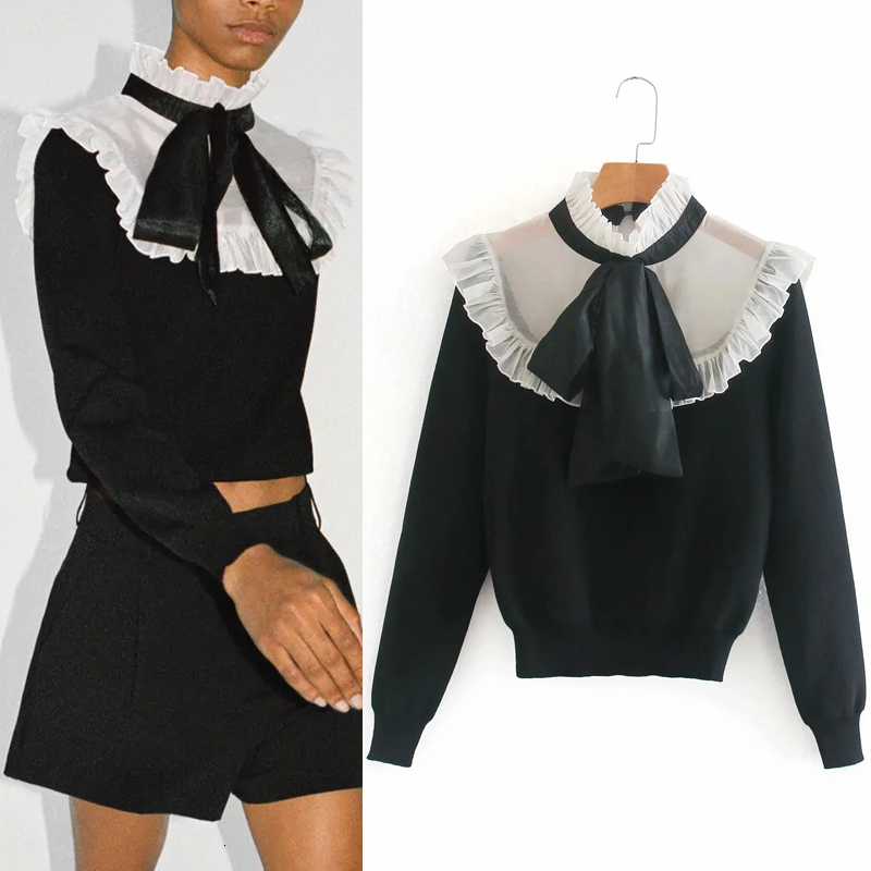 

2021 New Autumn Organza Patchwork Black Knitted Cropped Women Fashion High Neck Bow Tied Ruffle Long Sleeve Sweater 327x