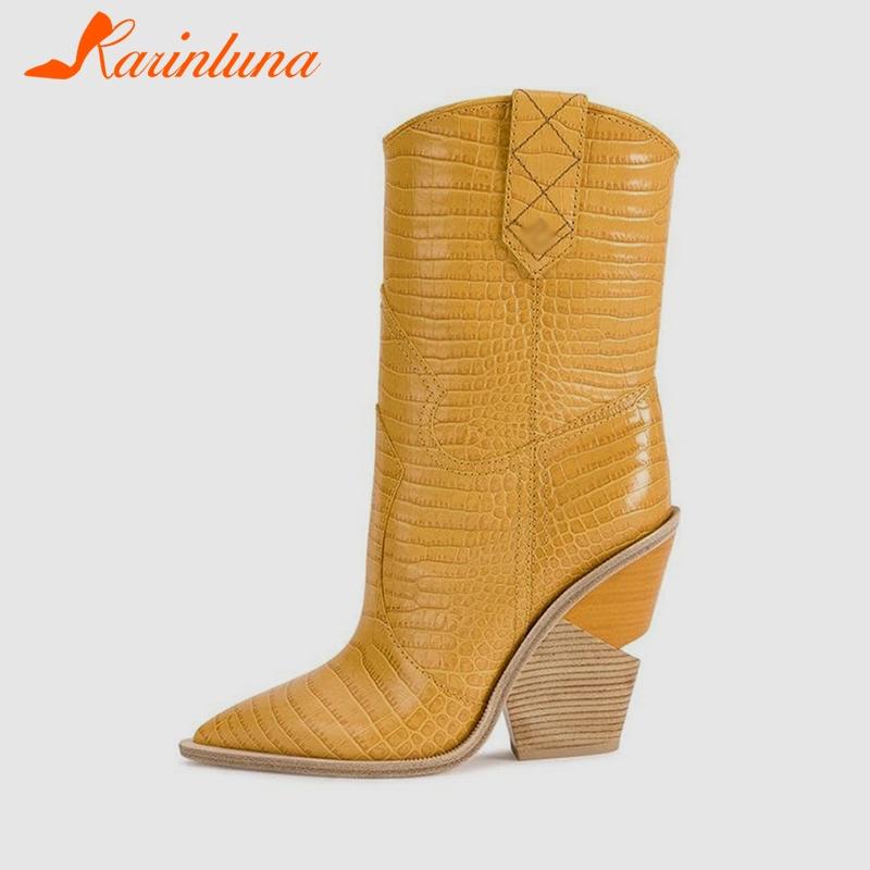 

Fashion Embossed Microfiber Leather Women Boots Pointed Toe Western Cowboy Boots Women mid-calf Chunky Wedges Runway, Brown short