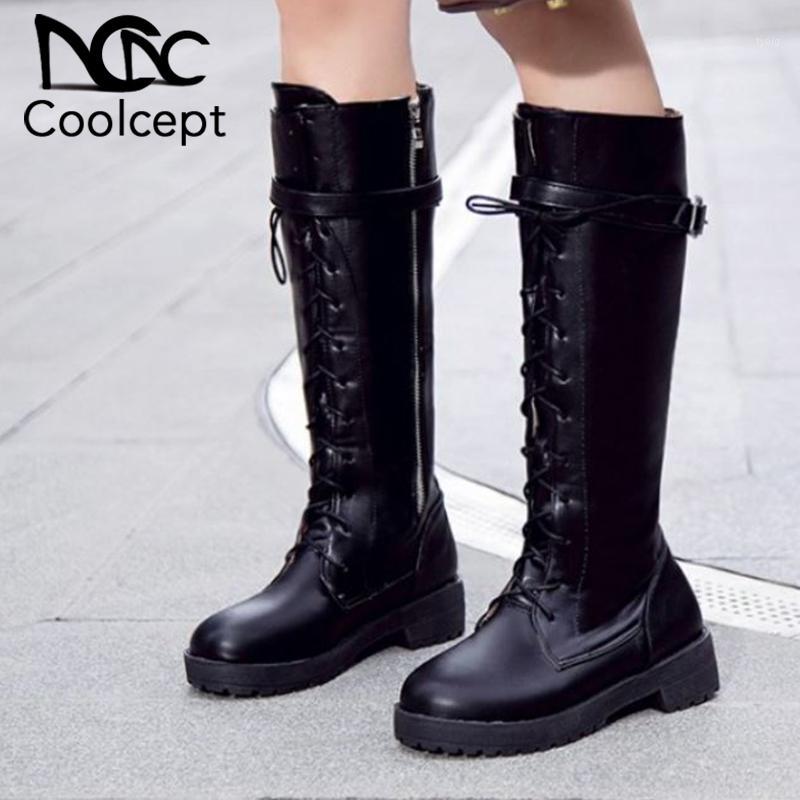 

CoolCept Knee High Boots Women Winter Plush Fur Casual Lace Up Knight Shoes Women Metal Buckle Zipper Flats Boots Size 34-431, Black plush