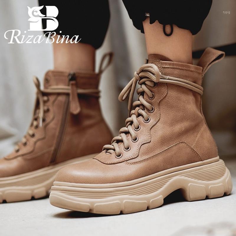 

RIZABINA 2021 Women Real Leather Boots Winter Ankle Boots Women Fashion Zipper Shoes Casual Flat Heel Footwear Size 34-421, Black