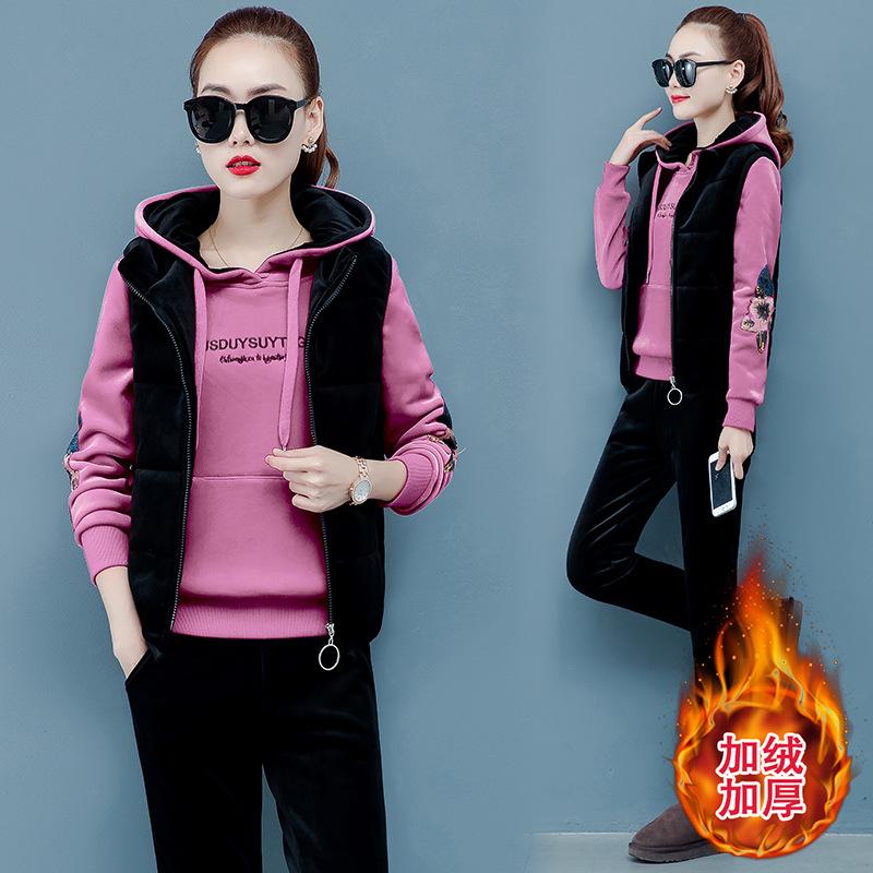 

3pcs Winter Women Sportswear Tracksuit Thick Velvet Warm Jacket Coat+hoodie+pant Running Jogger Fitness Casual Set Sport Suit, Black