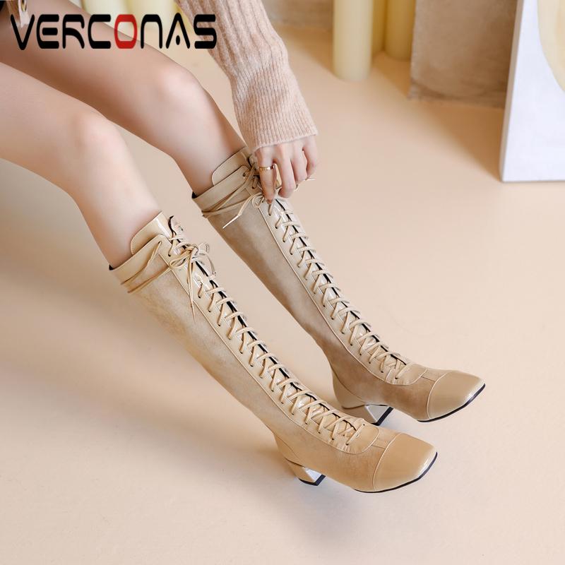 

VERCONAS Square Toe Knee-High Boots Women Autumn Winter Shoes Woman Genuine Leather Thick Heels Fashion Casual Basic Long Boots, Xingd