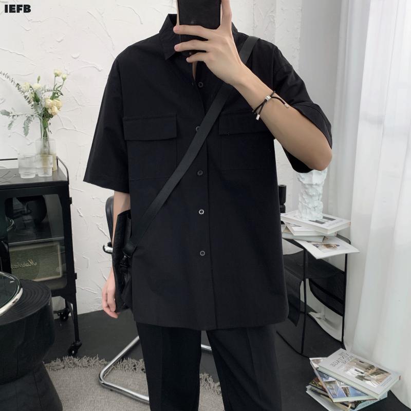 

IEFB /men' wear black summer new short sleeve oversize shirt for male 2020 tide single pockets homemade simple tops 9Y2645