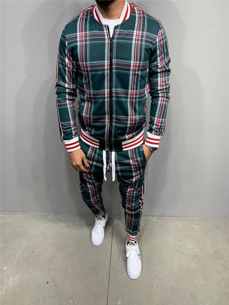 

New Mens Fashion Jacket Sets Colorful Plaid Men Casual Zipper Autumn Tracksuit Set Male Sweatshirt Pocket, Blue